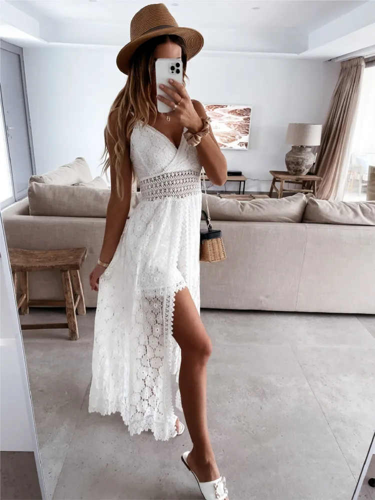 Lace Suspender Full-length Solid Color Long Skirt 2026 Summer New Fashion Temperament V-neck Dress Waist Elegant Vestidos Female