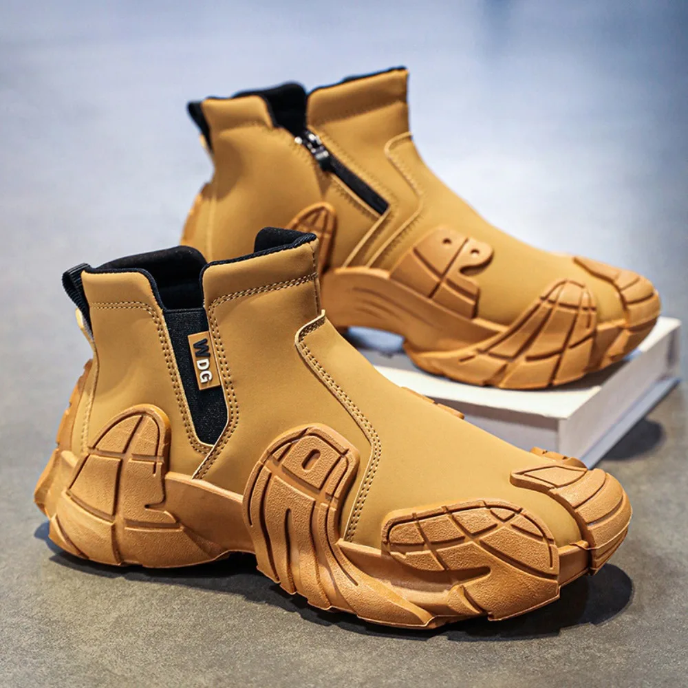 New Men's High-Top Shoes for Autumn - Anti-Slip Waterproof Side-Zipper Work Shoes for Construction Site Leather Shoes
