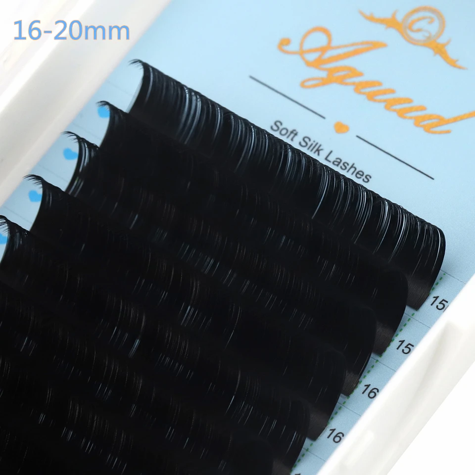 AGUUD 16 Rows Long 16-20mm Eyelashes Extensions Individual Matte Black Cashmere Silk Eyelashes Faux Mink Russian Volume Lashes