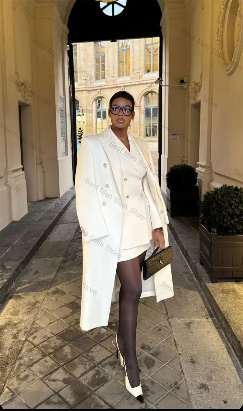 White Women Suit Skirt Set 3 Pcs Long Overcoat+Blazer+Prom Dress Formal Office Jacket Customized Wedding Tuxedos Cotton Coat