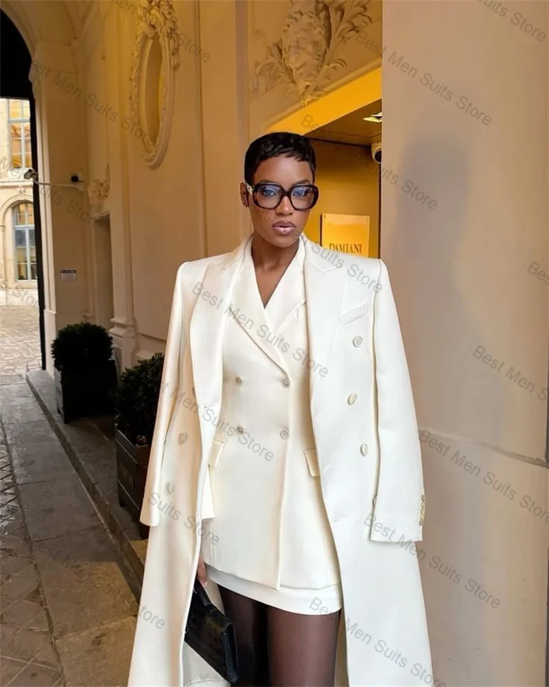White Women Suit Skirt Set 3 Pcs Long Overcoat+Blazer+Prom Dress Formal Office Jacket Customized Wedding Tuxedos Cotton Coat