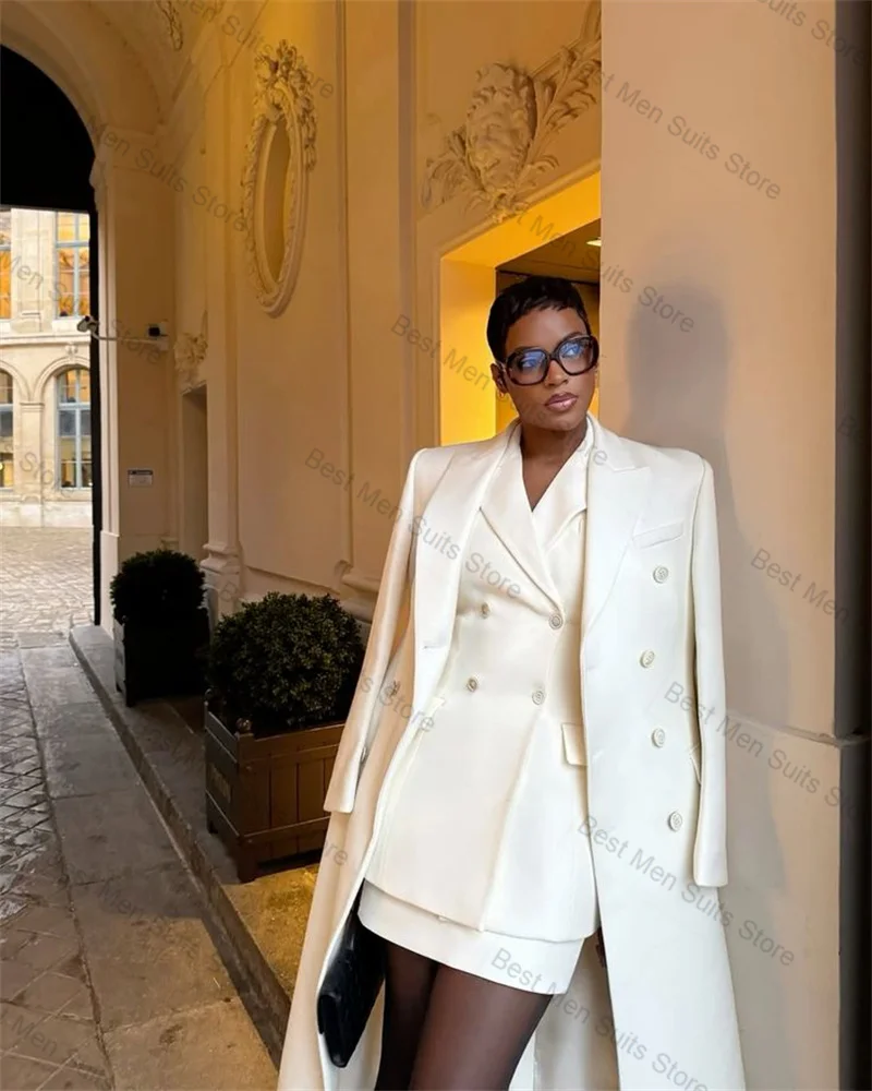 White Women Suit Skirt Set 3 Pcs Long Overcoat+Blazer+Prom Dress Formal Office Jacket Customized Wedding Tuxedos Cotton Coat