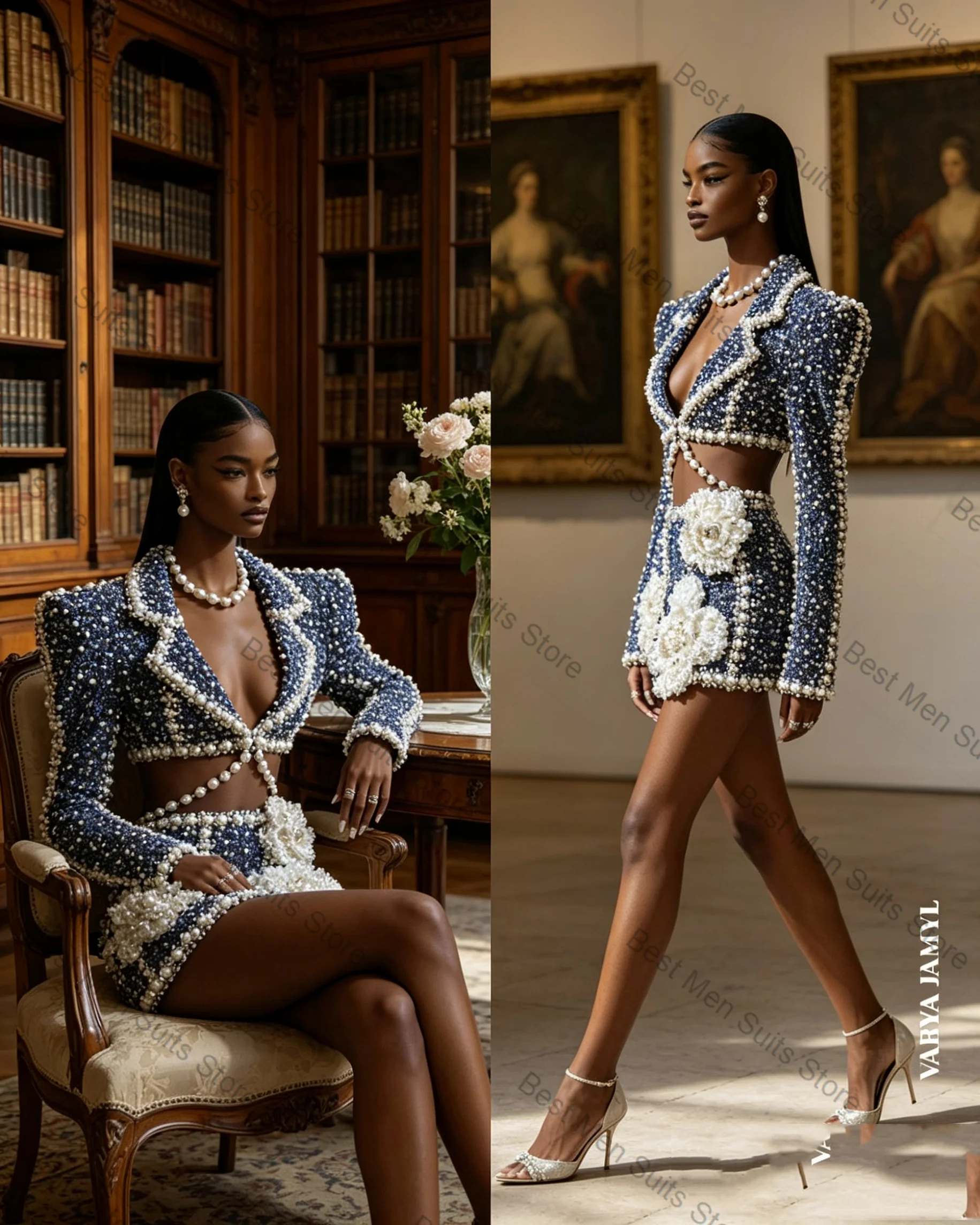 Luxury Pearls Women Suit Skirt Set 2 Pcs Blazer+Prom Dress 3D Flower Formal Office Lady Jacket Customized Wedding Guest Coat