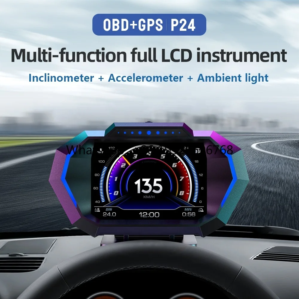 Latest Version P24 GPS Car OBD2 Meter Digital Scanner Alarm Speed Gauge Display HUD TFT Clock Water Temp RPM Turbo Boost