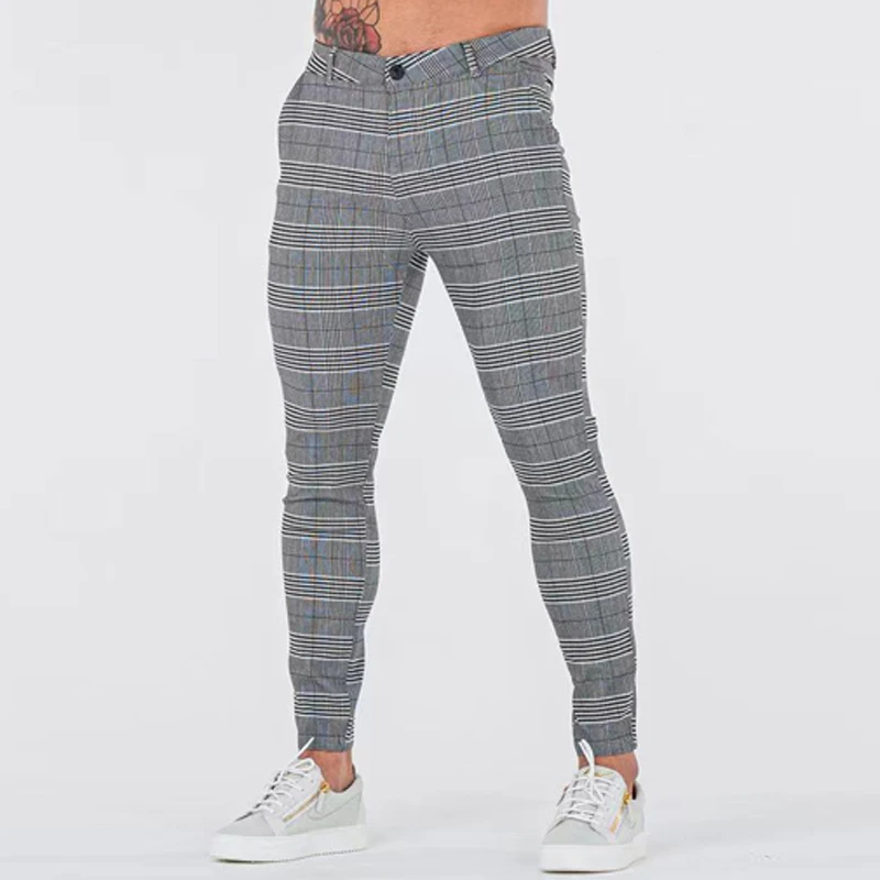 Men High Skinny Stretch Pant Checker Design Classic Trousers For Office Parties Male Cowboy Pants