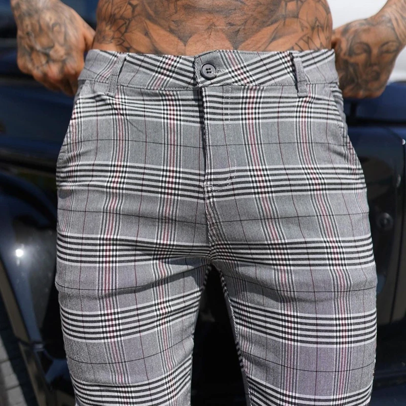 Men High Skinny Stretch Pant Checker Design Classic Trousers For Office Parties Male Cowboy Pants