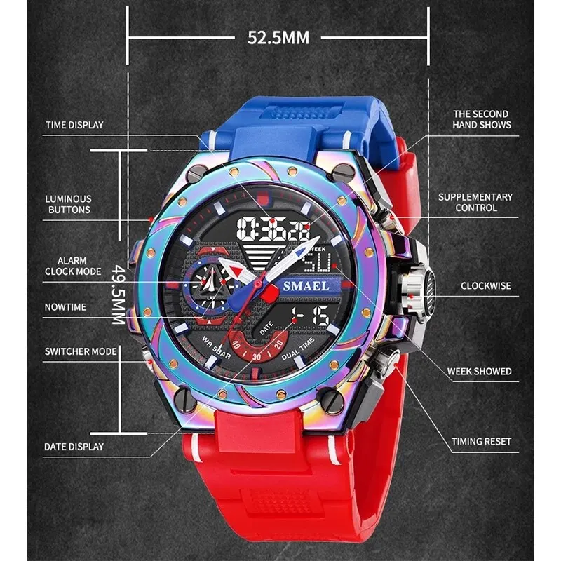 SMAEL8060 Sport Quartz Watches LED DisplayShock Resistant 50M Waterproof Alarm Clock Analog Digitals 8060 For Men