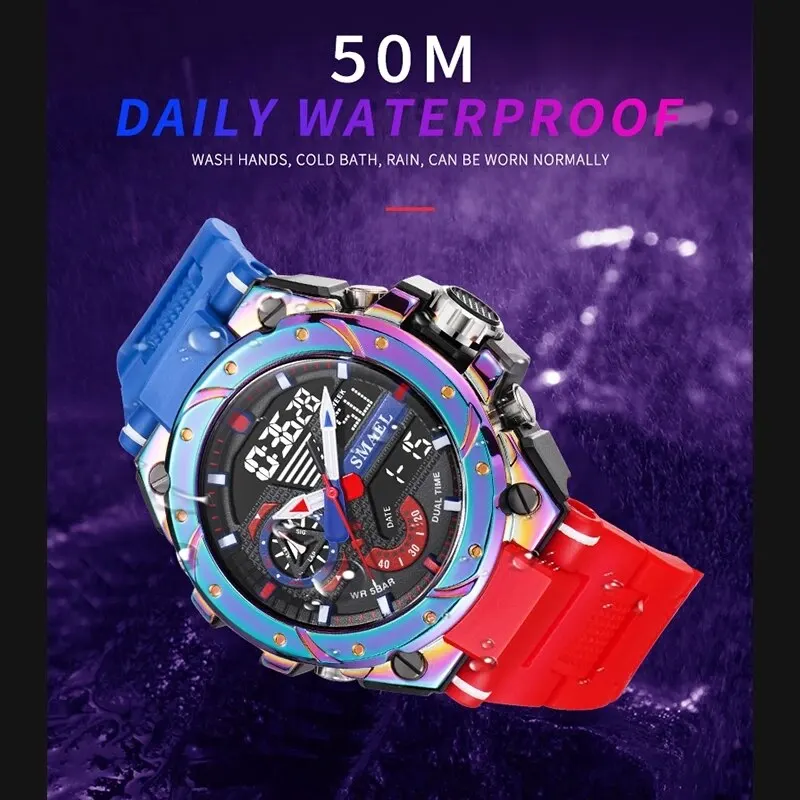 SMAEL8060 Sport Quartz Watches LED DisplayShock Resistant 50M Waterproof Alarm Clock Analog Digitals 8060 For Men