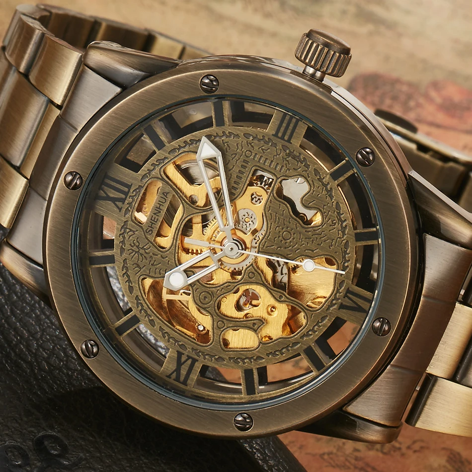 Top Brand SHENHUA Full Steel Mens Automatic Mechanical Watches Men Luxury Gold Skeleton Mechanical Watch Reloj Relogio Masculino