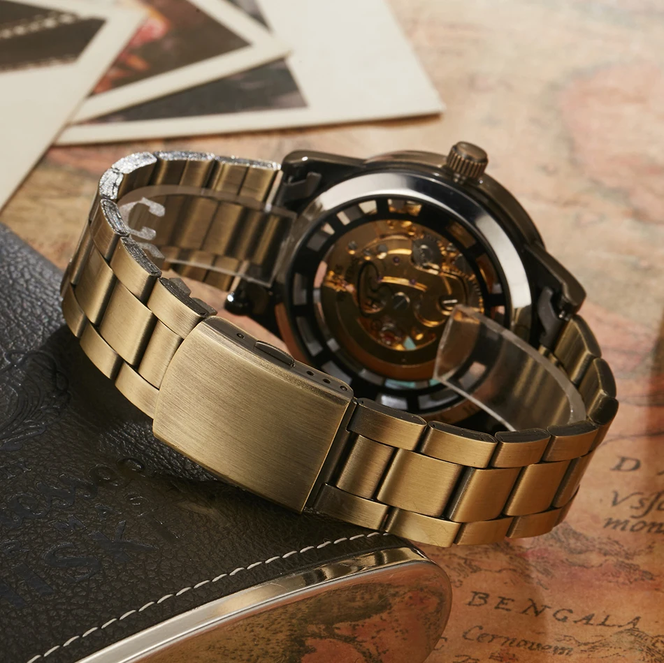 Top Brand SHENHUA Full Steel Mens Automatic Mechanical Watches Men Luxury Gold Skeleton Mechanical Watch Reloj Relogio Masculino