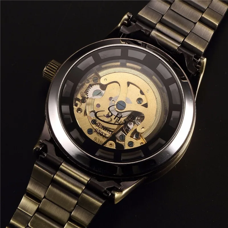 Top Brand SHENHUA Full Steel Mens Automatic Mechanical Watches Men Luxury Gold Skeleton Mechanical Watch Reloj Relogio Masculino