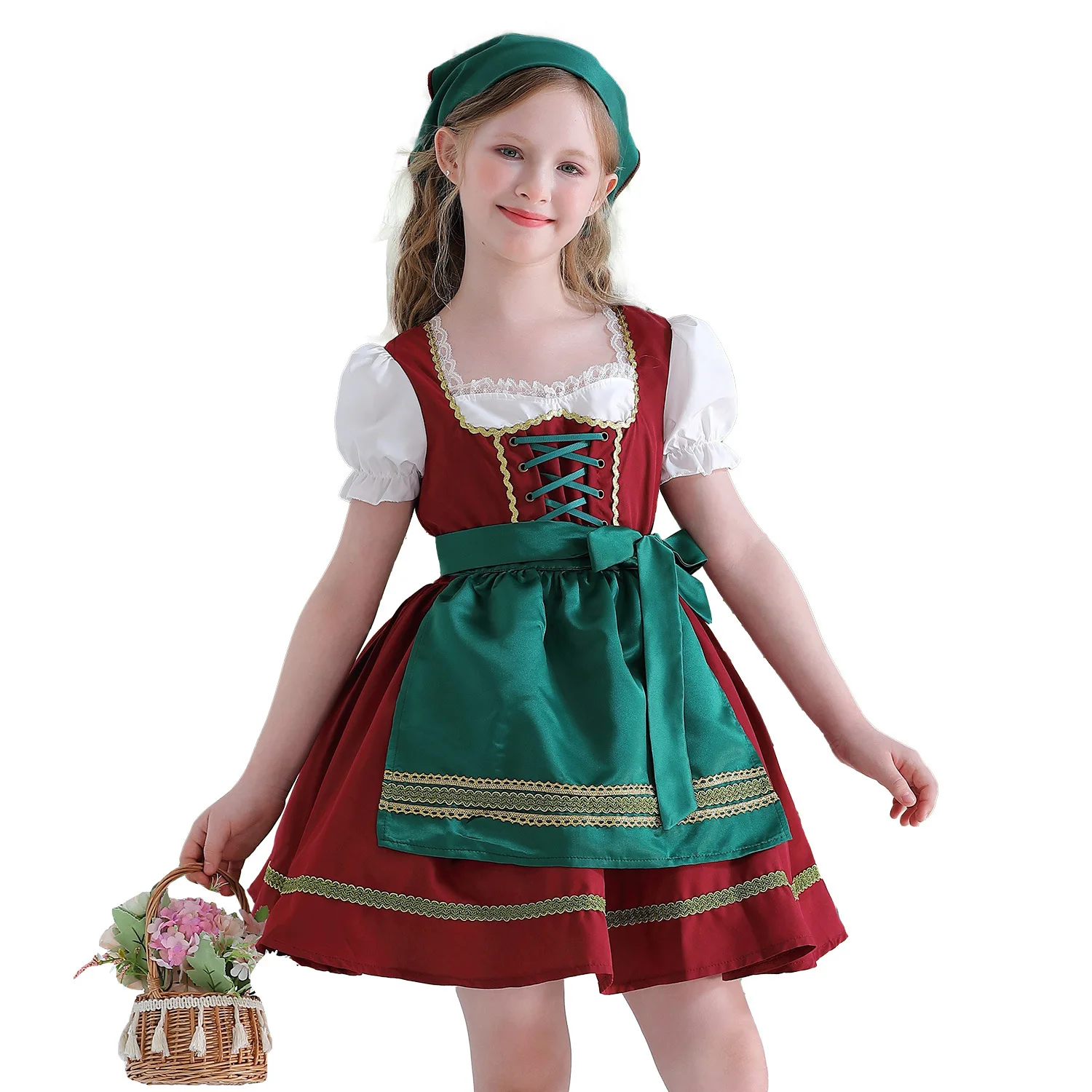 2026 Kids German Dirndl Dress Apron Head Scarf Girl Octoberfest Beer festival Bavarian Traditional Costume Halloween Party Wear