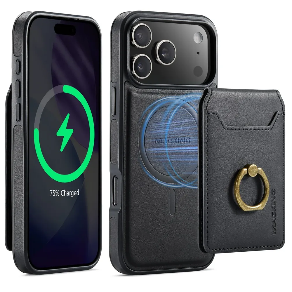 DG.Ming Phone Case For Iphone 17 Pro Max 17 Air 16 Plus MagSafe Magnetic Leather Split Type Wallet Ring Card Holder Back Cover