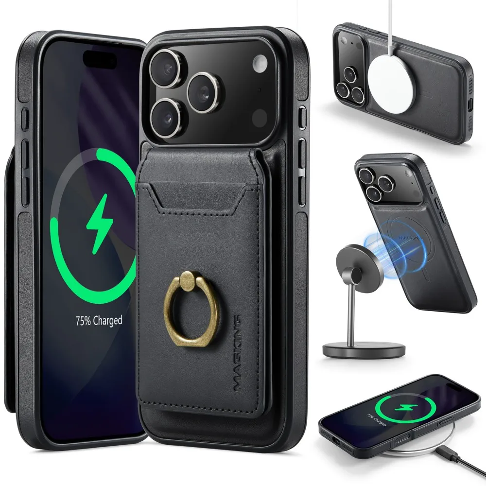 DG.Ming Phone Case For Iphone 17 Pro Max 17 Air 16 Plus MagSafe Magnetic Leather Split Type Wallet Ring Card Holder Back Cover