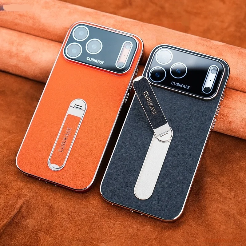 Back Contraction Stand Solid Color Leather Phone Case for iPhone 17 Pro Max with Protective Cover