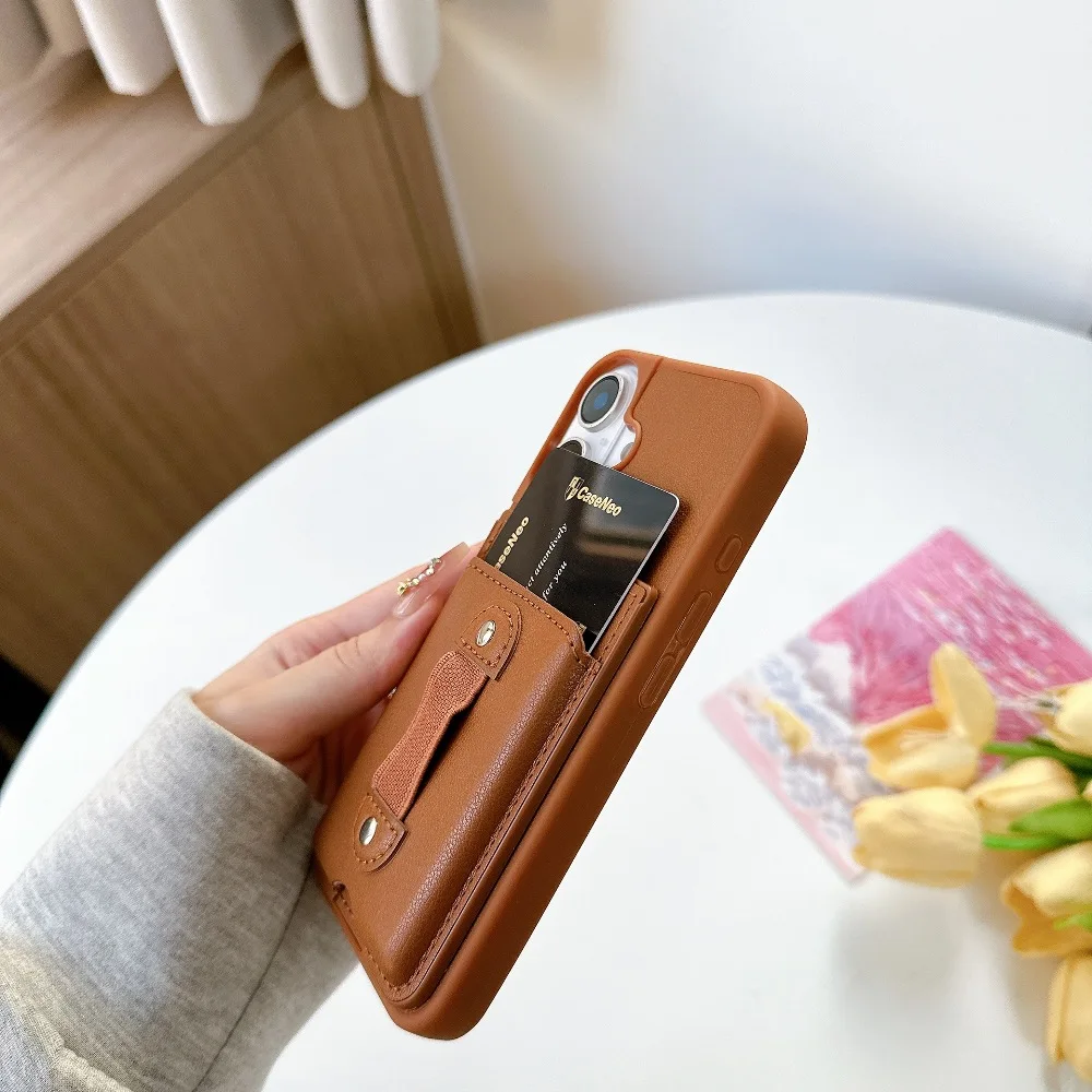 Solid Color Leather Phone Case for iPhone Air 17e 16e 15 14 Plus 13 12 Pro Max with Back Support Magnetic Charging