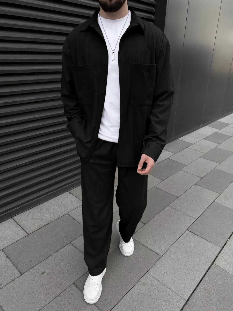 Men's Corduroy Two-Piece Outfit: Long-Sleeved Button-Down Shirt and Wide-Leg Trousers Set, Fashionable Casual Street Sportswear