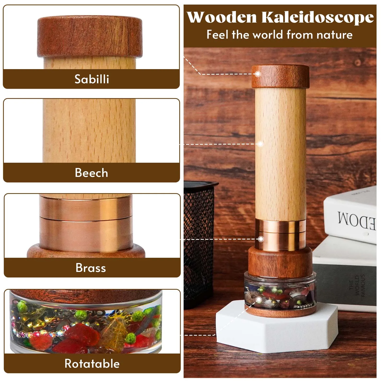 Growth Rings Wooden Nature Kaleidoscope Kit, Handmade Brass Rotatable Oil-Filled,Vintage Gift Box,Anniversary Birthday Gift