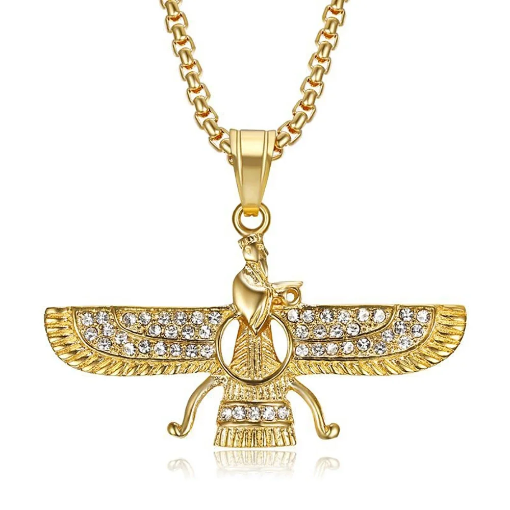 Hip Hop Iced Out Iran Ahura Mazda Faravahar Pendant Gold Color Stainless Steel Zoroastrian Necklace for Women Men Jewelry Gift
