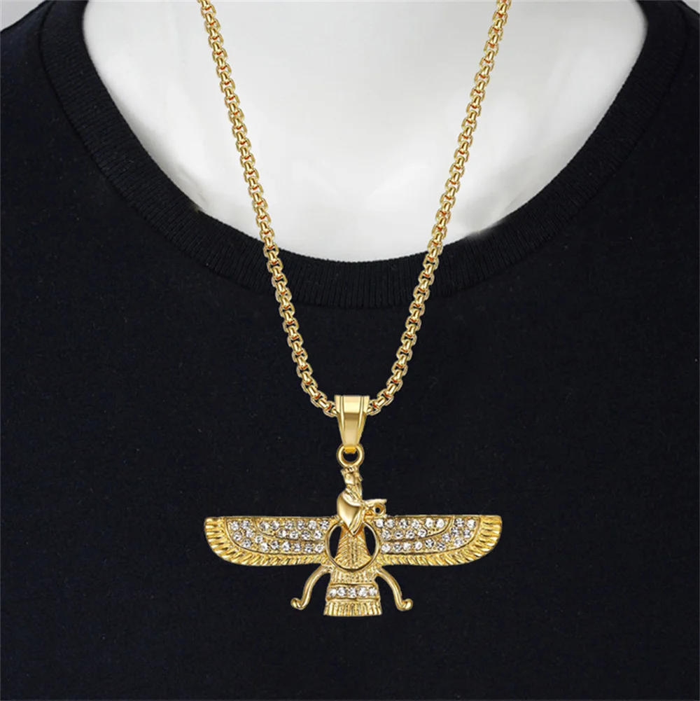 Hip Hop Iced Out Iran Ahura Mazda Faravahar Pendant Gold Color Stainless Steel Zoroastrian Necklace for Women Men Jewelry Gift