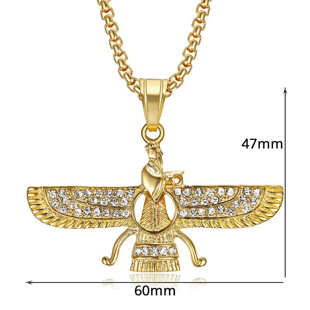 Hip Hop Iced Out Iran Ahura Mazda Faravahar Pendant Gold Color Stainless Steel Zoroastrian Necklace for Women Men Jewelry Gift
