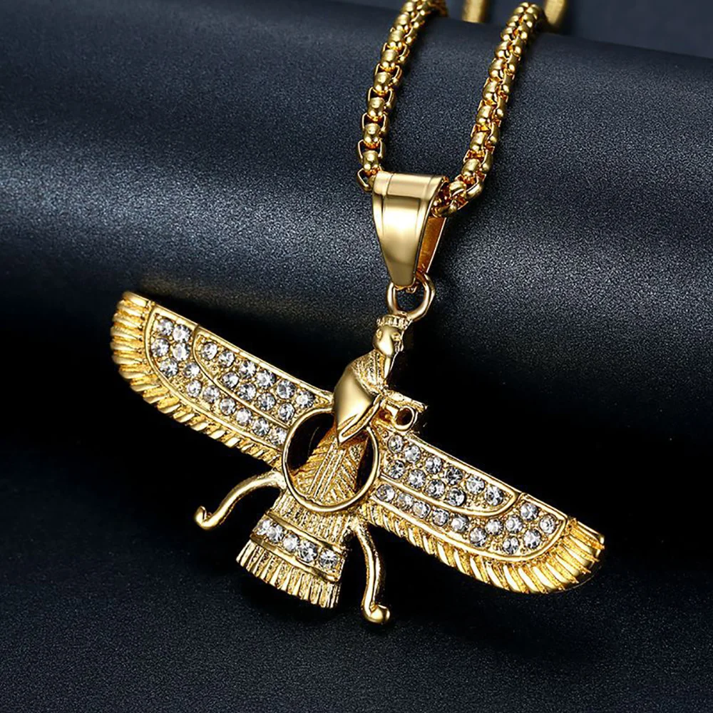 Hip Hop Iced Out Iran Ahura Mazda Faravahar Pendant Gold Color Stainless Steel Zoroastrian Necklace for Women Men Jewelry Gift