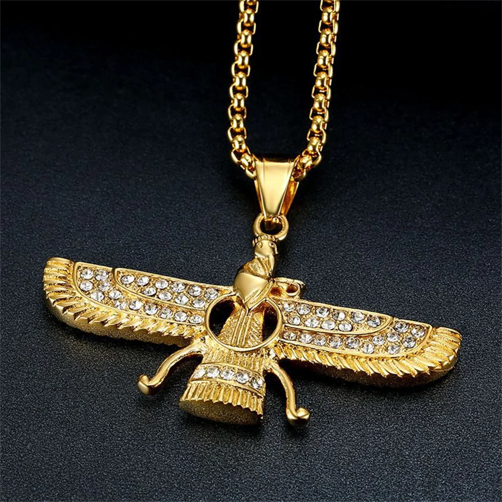 Hip Hop Iced Out Iran Ahura Mazda Faravahar Pendant Gold Color Stainless Steel Zoroastrian Necklace for Women Men Jewelry Gift