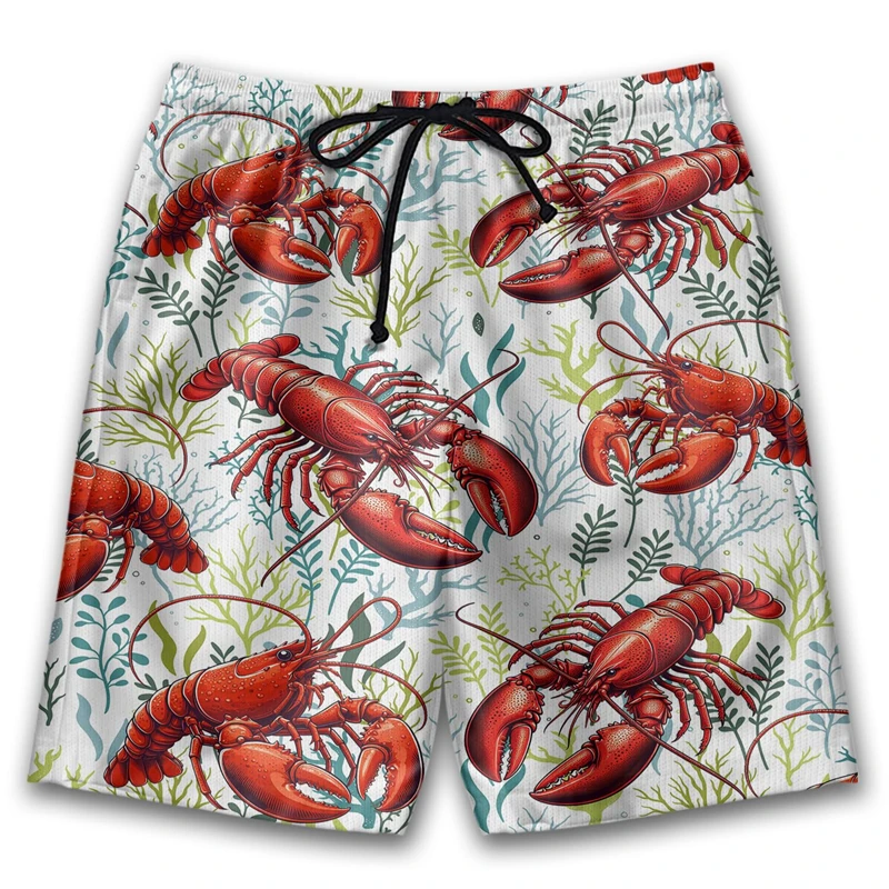 Mens Tropical Lobster Beach Shorts 3D Print Crawfish Swimming Trunks Summer Quick Dry Drawstring Board Shorts Casual Swimwear