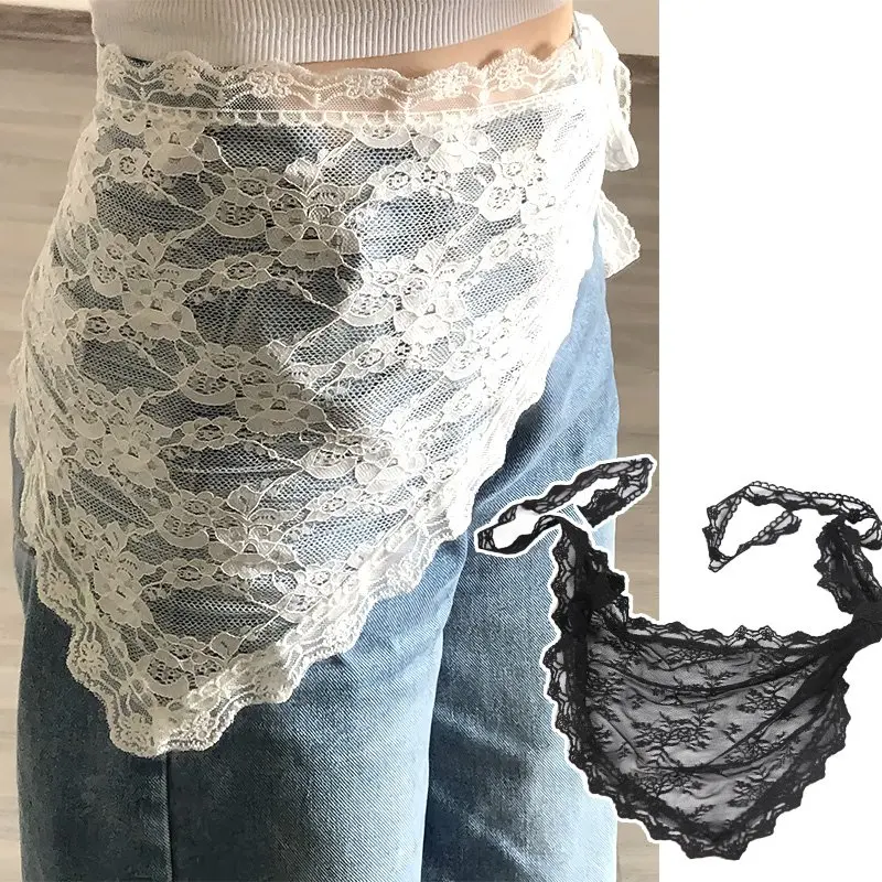 Y2K Women Lace Flower Elegant Skirt Stacked Belt Flower Sweet Triangle Scarf Breathable Travel Photo Headband Turban Accessories