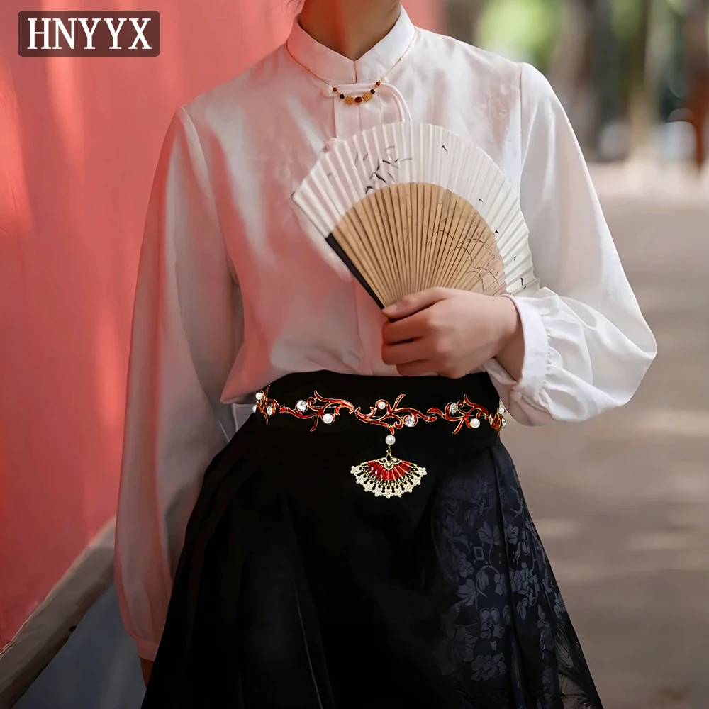 HNYYX Classic Vintage Hanfu Belt New Chinese Style Belts Unique Fan-shaped Pendant Sash Hanfu Horse Face Skirt Accessories SA381