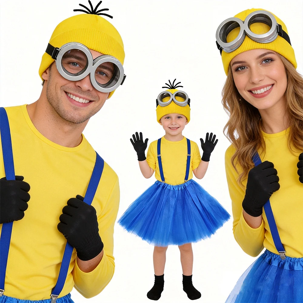 Movie Themed 5Pcs Cosplay Yellow Beanie Goggles Gloves Suspenders Blue Tutu Skirt for Halloween Carnival Stage Performance Suit