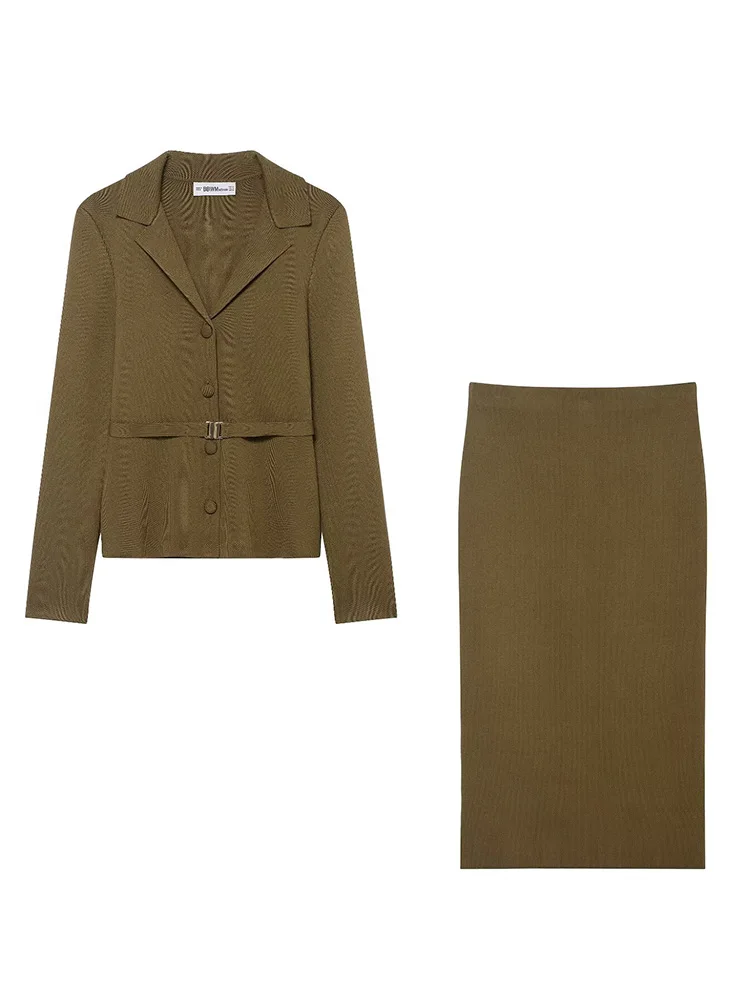 HH Women Autumn Winter Fashion Warm Solid Two-piece Set Long Sleeve Belt Single-breasted Knitted Coat+Split Hem Midi Skirt Set