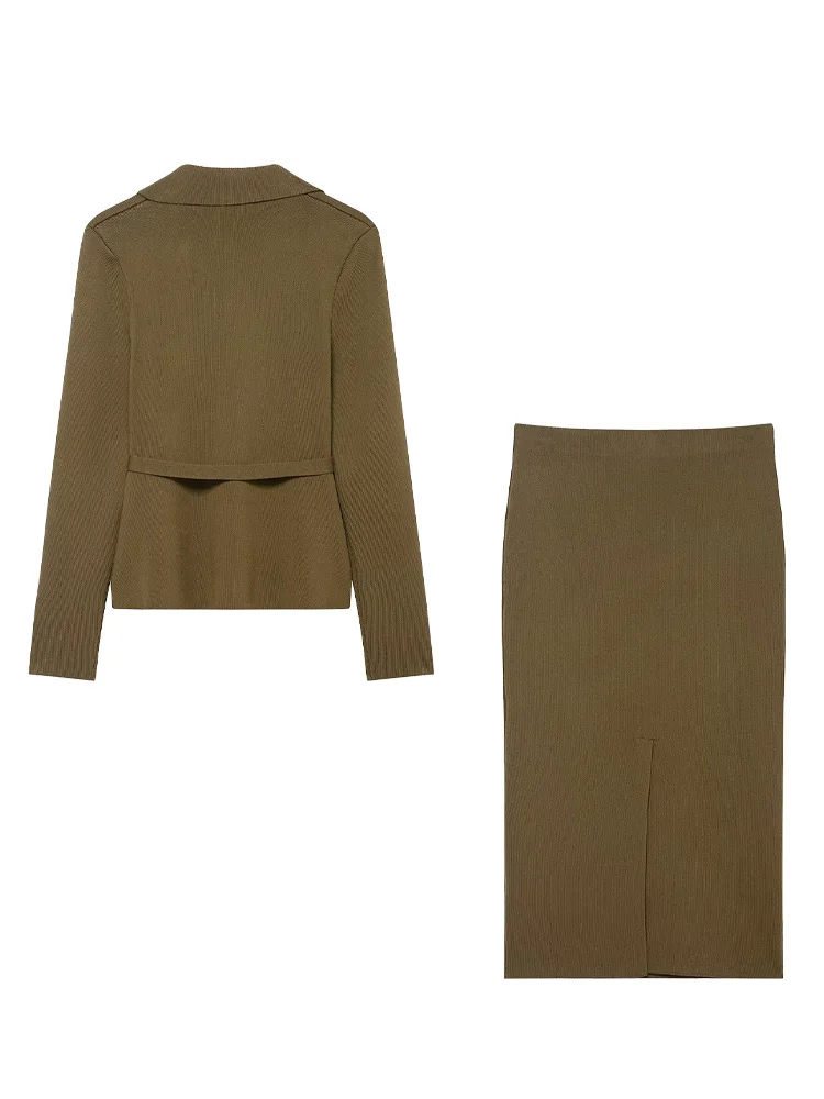 HH Women Autumn Winter Fashion Warm Solid Two-piece Set Long Sleeve Belt Single-breasted Knitted Coat+Split Hem Midi Skirt Set