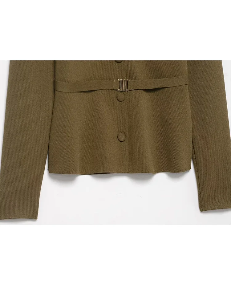 HH Women Autumn Winter Fashion Warm Solid Two-piece Set Long Sleeve Belt Single-breasted Knitted Coat+Split Hem Midi Skirt Set