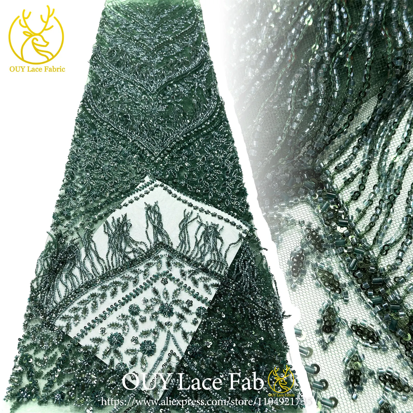Green African 3D Pendant Beaded Lace Fabric 2026 Luxury Nigerian Sequin Lace Fabric for Women's Party Wedding Dresses