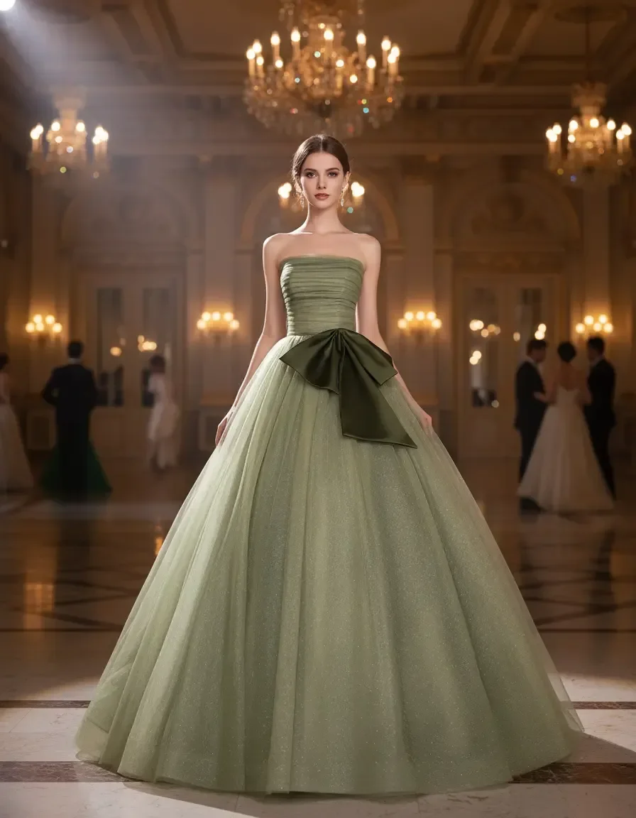 Elegant Light Green Strapless Tulle Ball Gown Quinceanera Wedding Party Lace Up Evening Formal Gown Free Petticoat