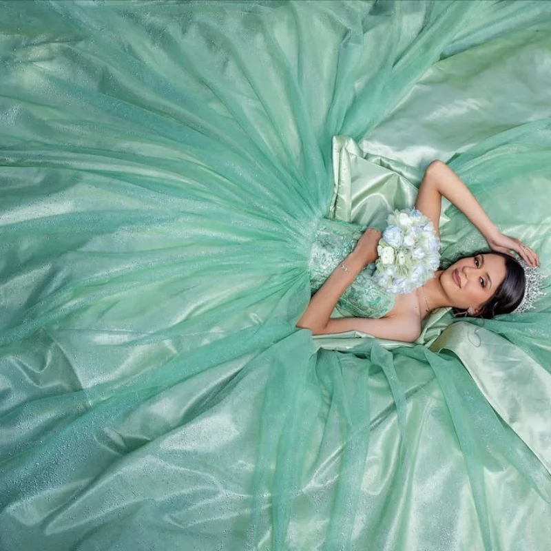 Shiny Green Quinceanera Dress off-shoulder Crystal 3D Flower Decal Long tail Bow vestidos de 15 Quinceanera ﻿Customize