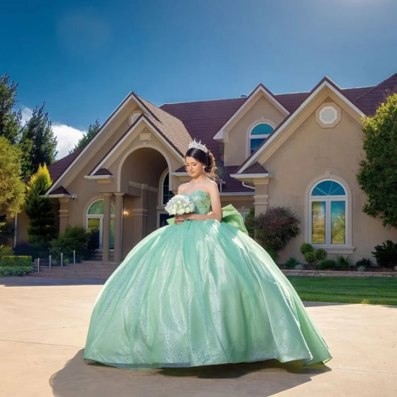 Shiny Green Quinceanera Dress off-shoulder Crystal 3D Flower Decal Long tail Bow vestidos de 15 Quinceanera ﻿Customize