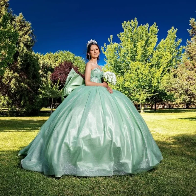 Shiny Green Quinceanera Dress off-shoulder Crystal 3D Flower Decal Long tail Bow vestidos de 15 Quinceanera ﻿Customize