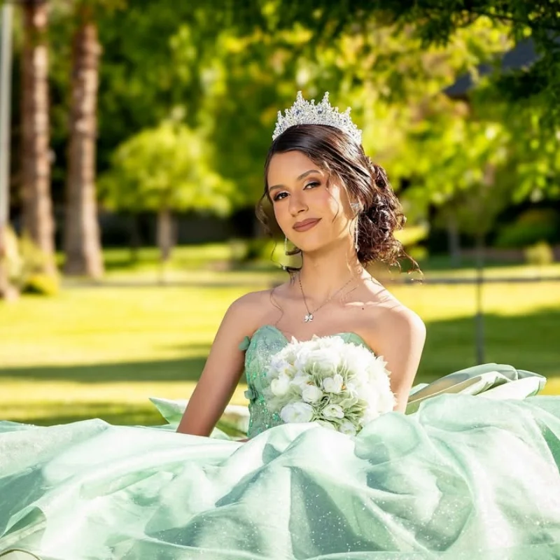 Shiny Green Quinceanera Dress off-shoulder Crystal 3D Flower Decal Long tail Bow vestidos de 15 Quinceanera ﻿Customize