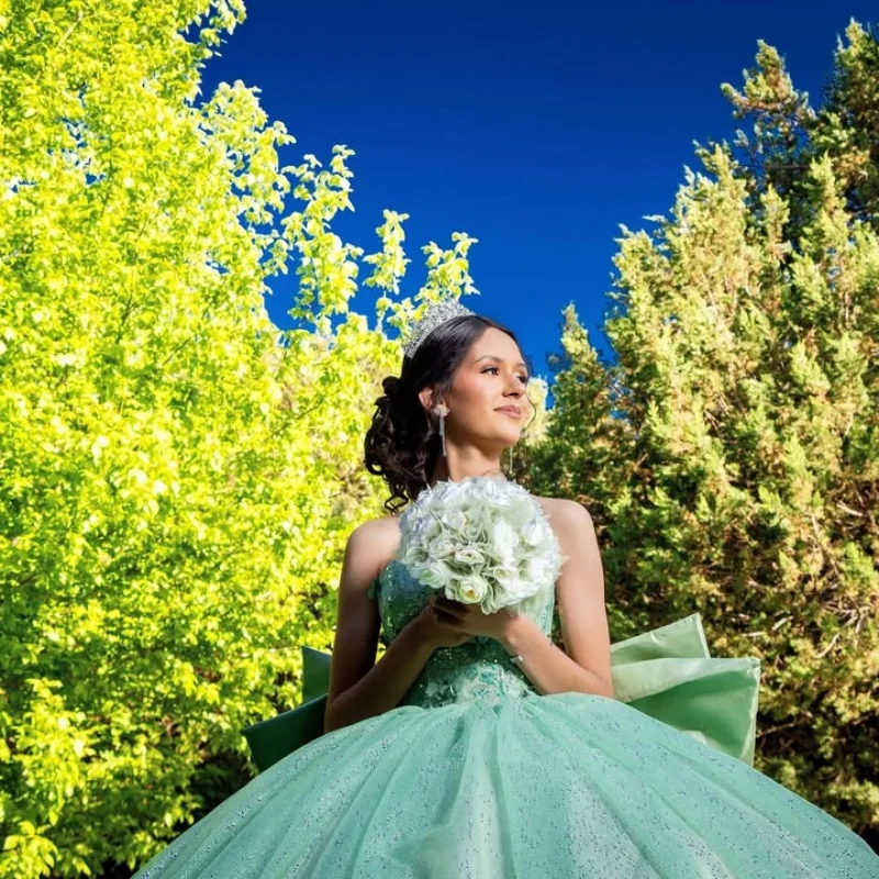Shiny Green Quinceanera Dress off-shoulder Crystal 3D Flower Decal Long tail Bow vestidos de 15 Quinceanera ﻿Customize
