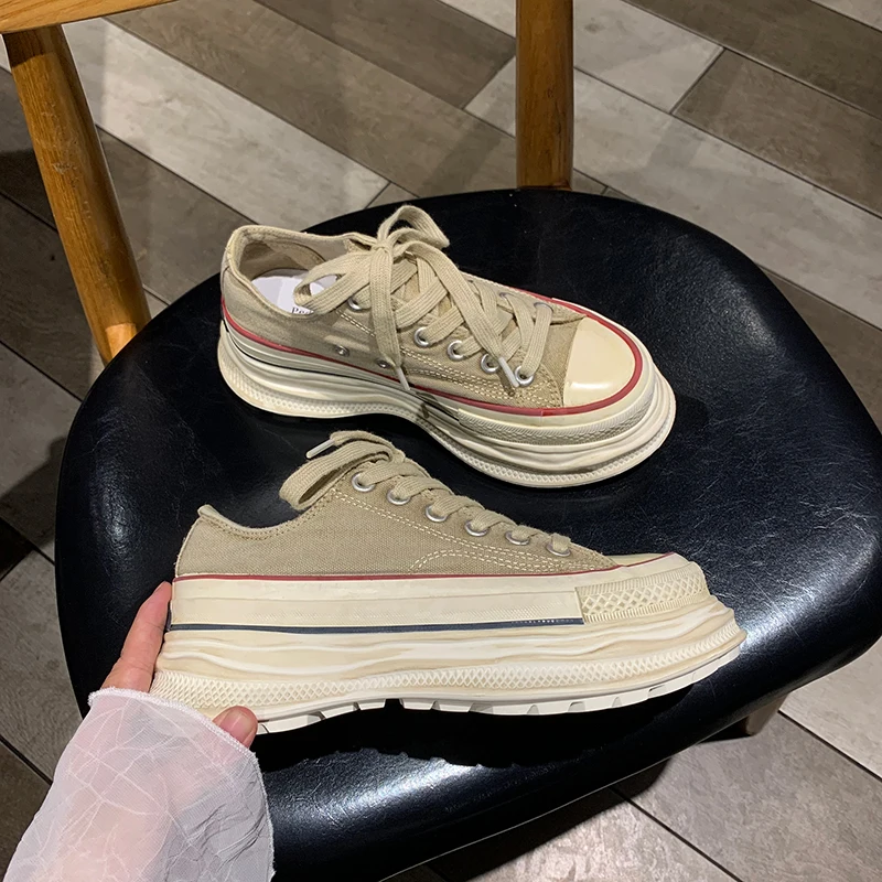 6CM New Women's Crab Green Platform Canvas Sneakers Lace-up Comfortable Shoes Fashion Outdoor Multi-functional Canvas Shoes
