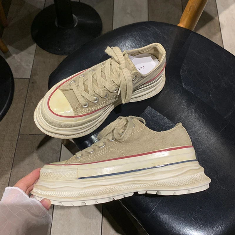 6CM New Women's Crab Green Platform Canvas Sneakers Lace-up Comfortable Shoes Fashion Outdoor Multi-functional Canvas Shoes