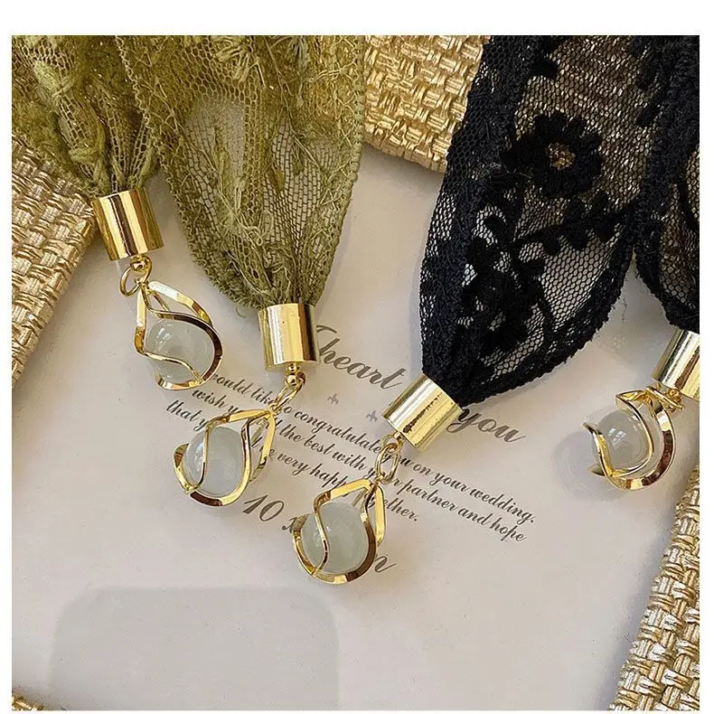 Women Hair Ribbon French Pendant Lace Braided Green Color Simple Hair Band Chic Headwear Hollowed-out Exquisite Flowers Hair Tie