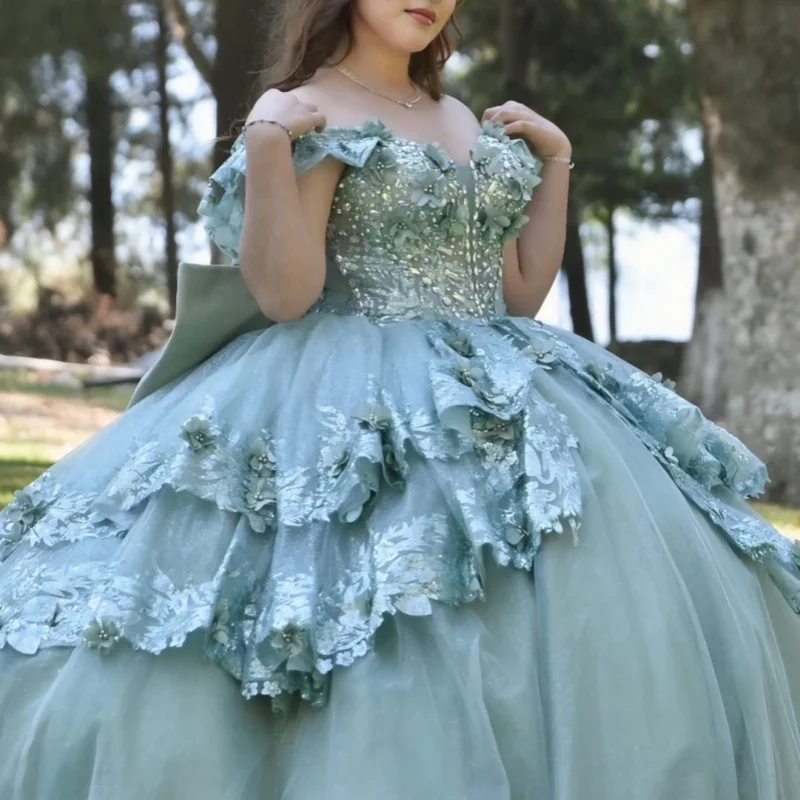 Olive Green Quinceanera Dress Glitter 3D Flower Decal Long tail off-shoulder Layering Bow Vestidos De 15 Quinceanera ﻿Customize