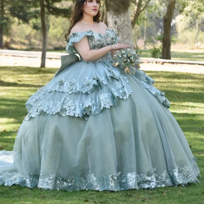 Olive Green Quinceanera Dress Glitter 3D Flower Decal Long tail off-shoulder Layering Bow Vestidos De 15 Quinceanera ﻿Customize