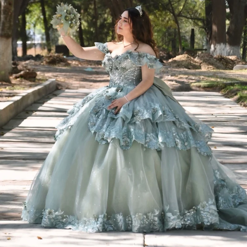 Olive Green Quinceanera Dress Glitter 3D Flower Decal Long tail off-shoulder Layering Bow Vestidos De 15 Quinceanera ﻿Customize