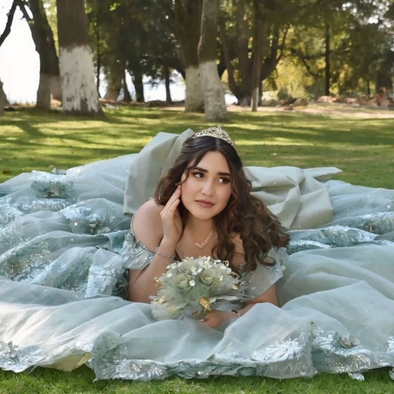Olive Green Quinceanera Dress Glitter 3D Flower Decal Long tail off-shoulder Layering Bow Vestidos De 15 Quinceanera ﻿Customize