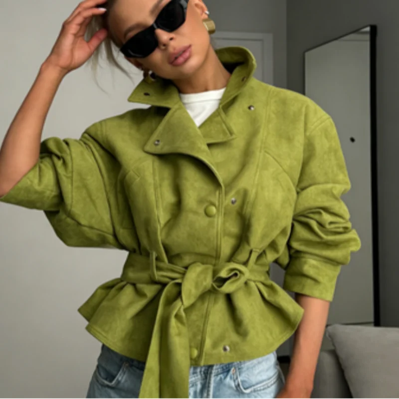 Avocado Green Lapel Jacket For Women Long Sleeve Single Breasted Solid Trench Coat 2026 New Lady Spring Autumn Streetwears