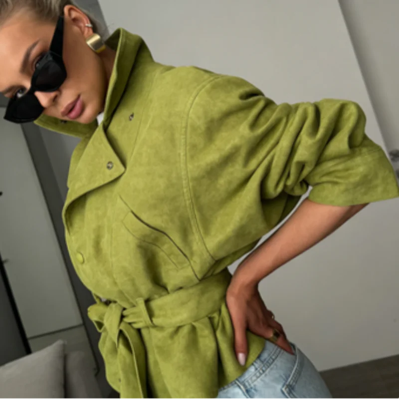 Avocado Green Lapel Jacket For Women Long Sleeve Single Breasted Solid Trench Coat 2026 New Lady Spring Autumn Streetwears